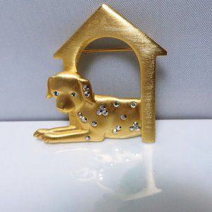 Adorable Gold Plated & Rhinestone Dalmatian in Dog House by J.J. Jonette